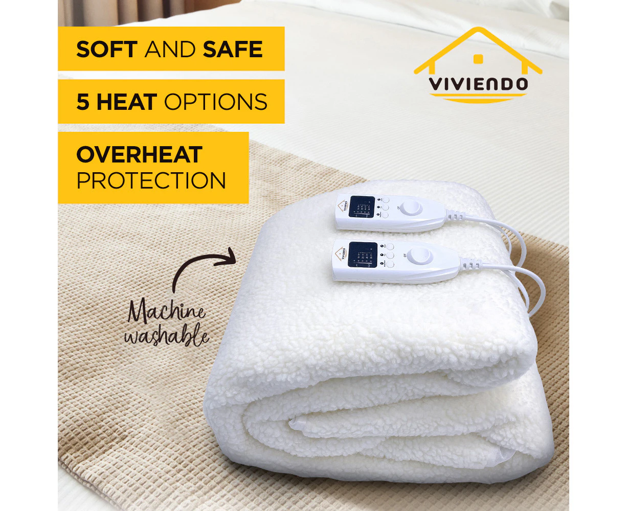 Viviendo 350 GSM Heated Electric Blanket Synthetic Wool Top - King Single