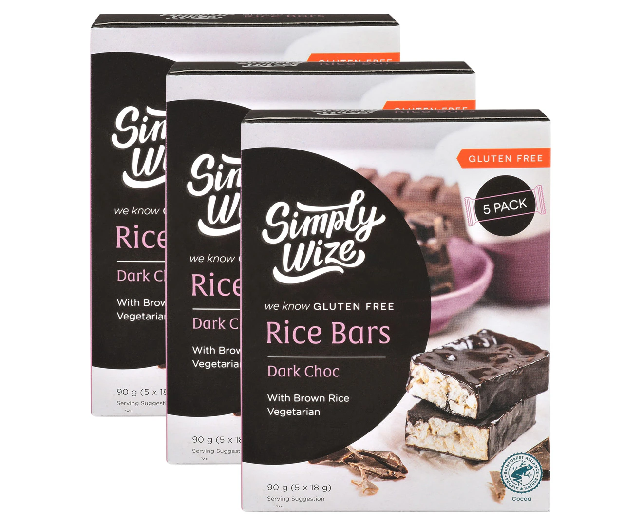 3 x 5pk Simply Wize Rice Bars Dark Choc 90g