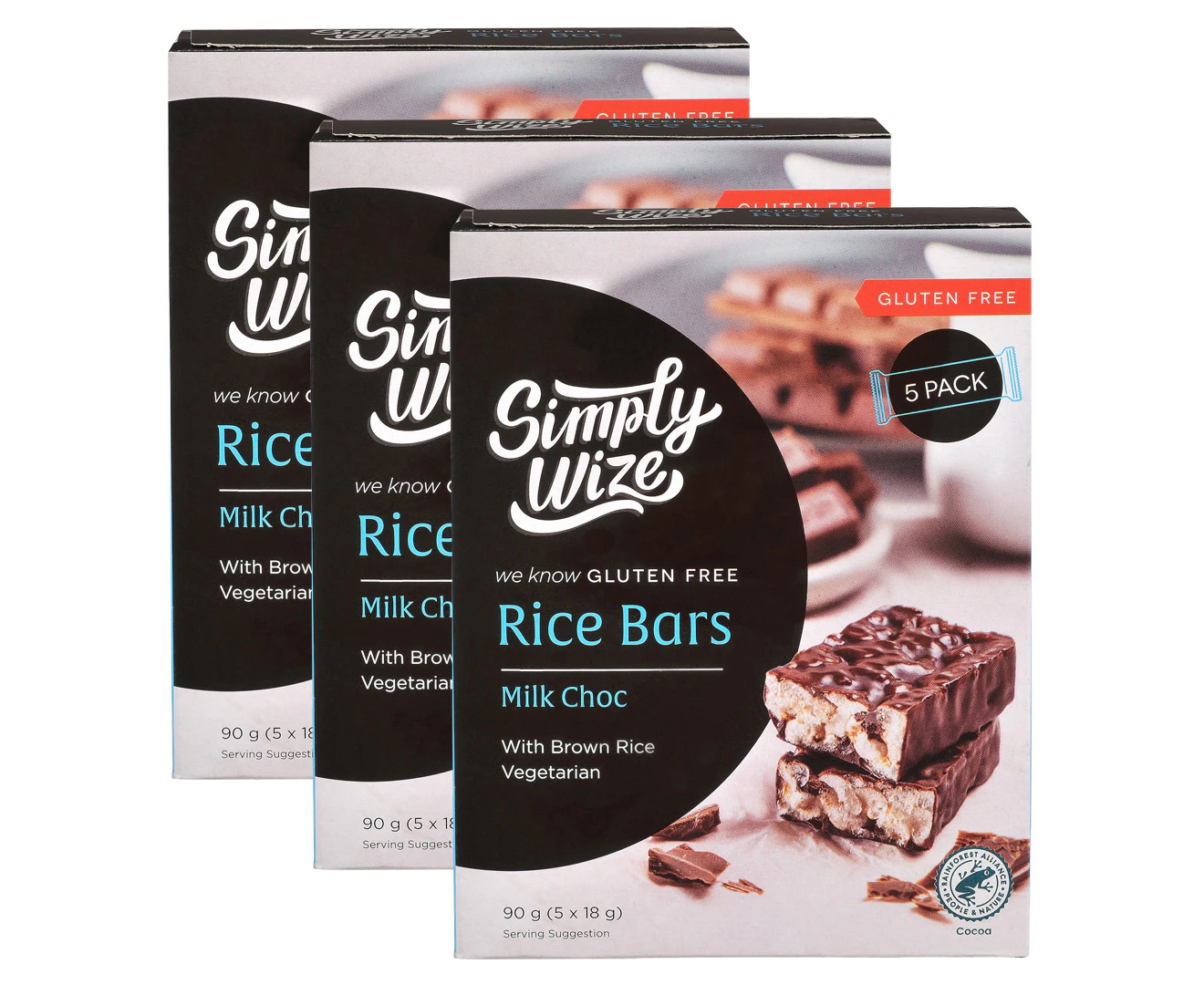 3 x 5pk Simply Wize Rice Bars Milk Choc 90g