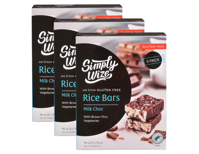 3 x 5pk Simply Wize Rice Bars Milk Choc 90g