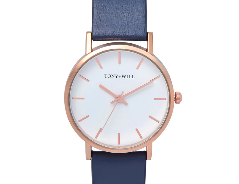 TONY+WILL Women's 36mm Classic Small Leather Watch - Rose Gold/Navy/White