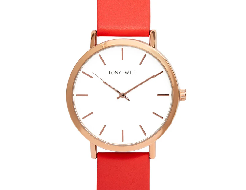 TONY+WILL Women's 42mm Classic Leather Watch - Rose Gold/Peach/White