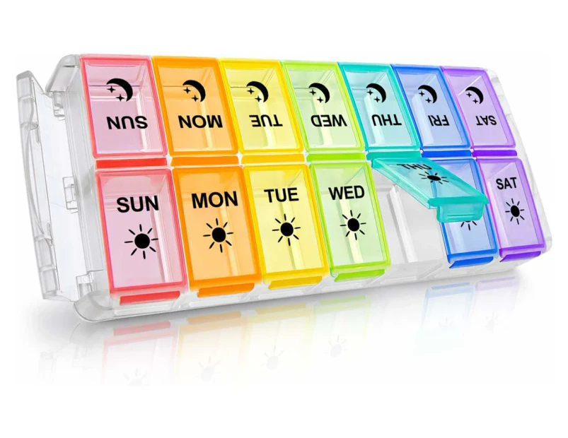 Weekly Pill Box Organizer for 2x Daily Use - 7 Day, Large Compartments (Rainbow)
