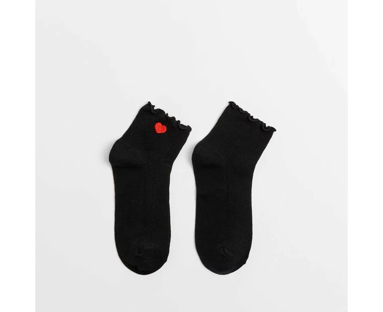 Womens Embroidered Frill Quarter Crew Sock - AC-Lab - Black