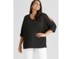 BeMe - Plus Size - Womens Summer Tops - Black Blouse / Shirt - Elastane - Casual - Relaxed Fit - Elbow Sleeve V Neck - Long - Knitwear - Work Clothes - Black