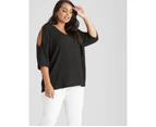 BeMe - Plus Size - Womens Summer Tops - Black Blouse / Shirt - Elastane - Casual - Relaxed Fit - Elbow Sleeve V Neck - Long - Knitwear - Work Clothes - Black