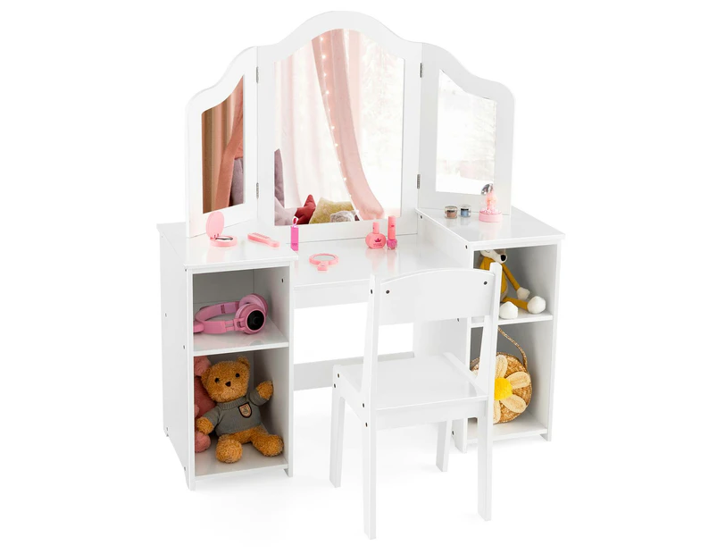 Giantex Kids Dressing Table Set Makeup Vanity Table & Chair w/ Tri-Folding Mirror Writing Study Desk Set White