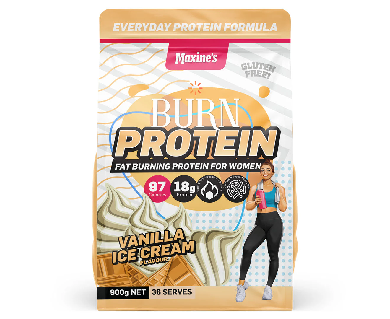 Maxine's Burn Protein Powder Vanilla Ice Cream 900g / 36 Serves