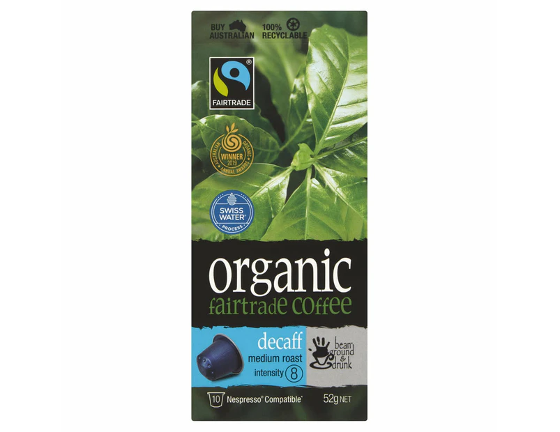 bean ground & drunk  Decaffeinated  Organic Fairtrade aluminium coffee 10 capsules