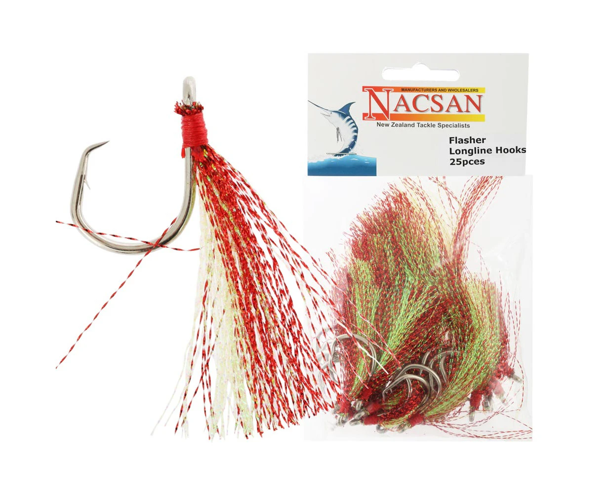 Nacsan Longline Flasher Hooks Chartruese Red Qty 25