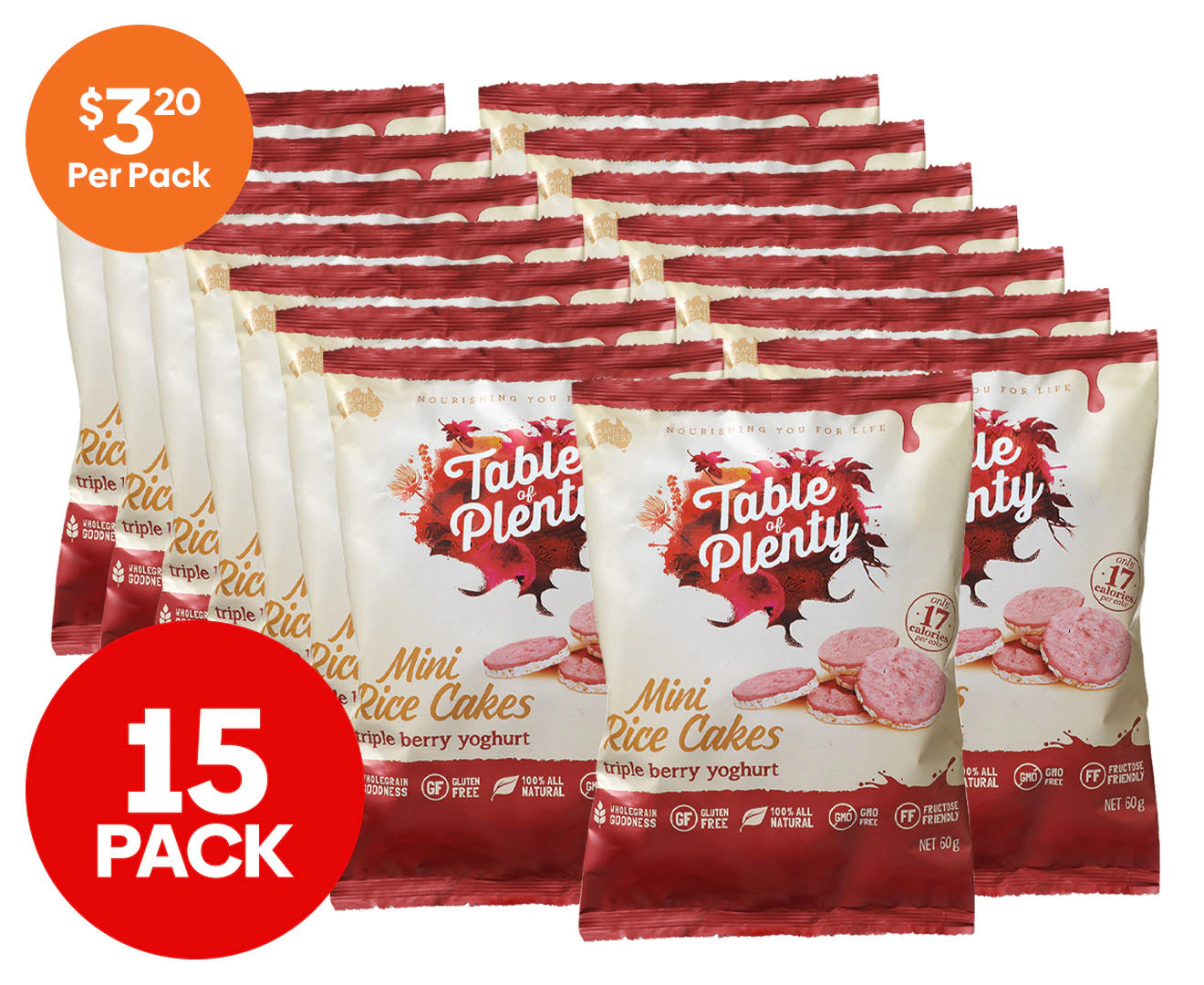 3 x 5pk Table of Plenty Mini Rice Cakes Triple Berry Yoghurt 60g