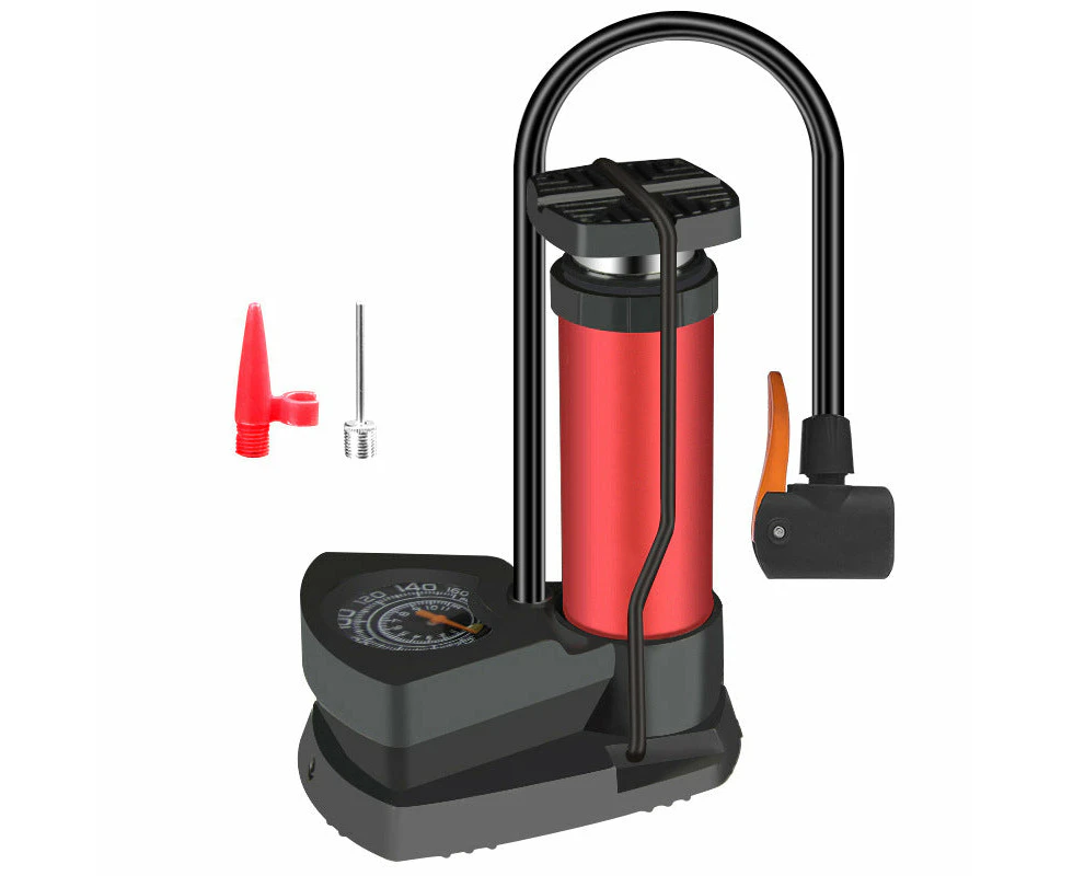 Bike Floor Pump Anti-Slip Tyre Inflator with Pressure Gauge - Red