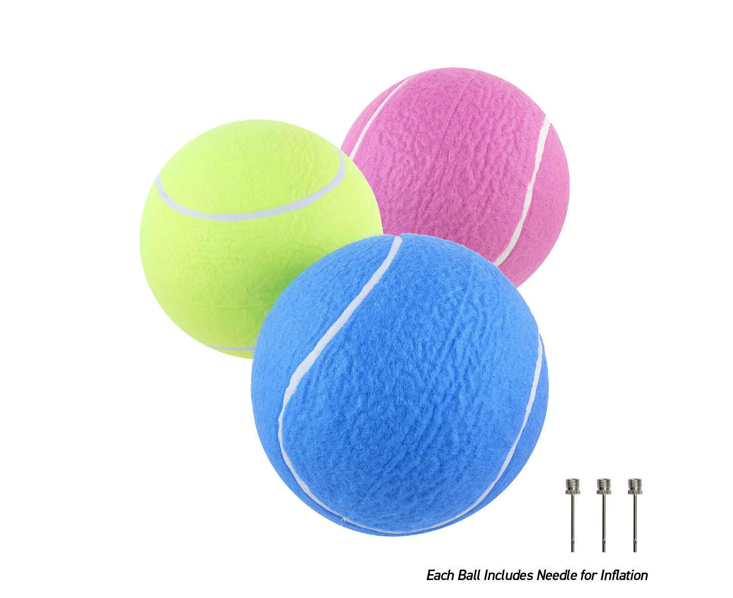 SAS Sports 3PCE Inflatable Jumbo Tennis Balls With Ball Pump Needles 21cm - Yellow, Pink, Blue