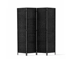 4 Panel Room Divider Privacy Screen Rattan Woven Wood Stand Black