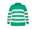 BeMe - Plus Size - Womens Jumper -  Stripe Zip Neck Jumper - Green