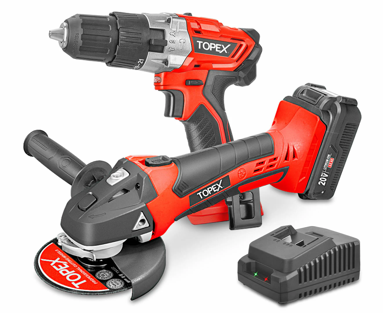 TOPEX 20V Cordless Power Tool Kit Cordless Drill Angle Grinder w/ 4.0Ah Battery & Fast Charger