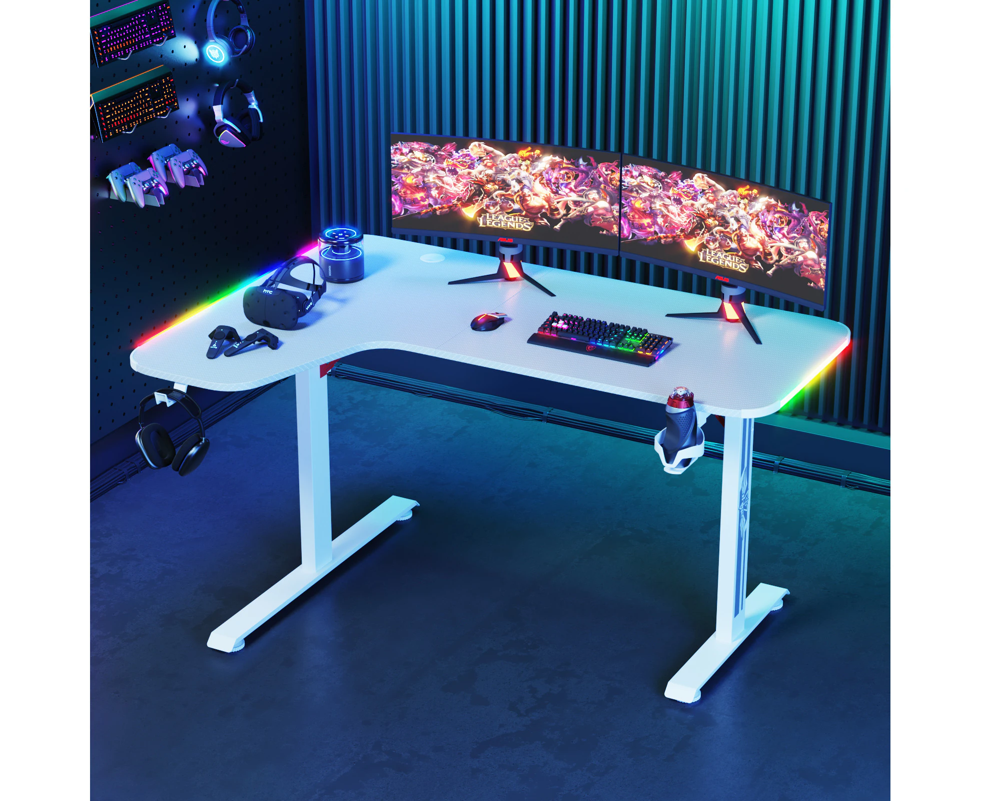 Advwin Gaming Desk L Shape RGB LED Corner Desk Carbon Fiber Gamer Workstation 140cm White