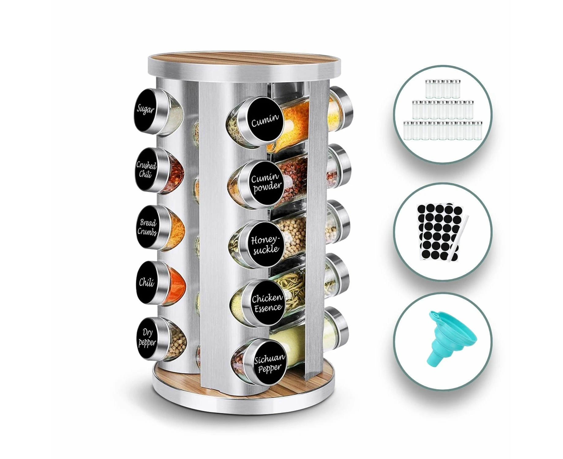 GOMINIMO Rotating Spice Rack Organizer (20 Jars) with Label Sticker and Silicone Funnel GO-RSR-104-ZK