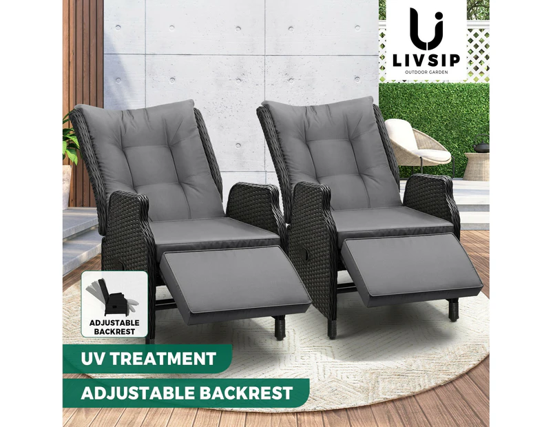 Livsip Recliner Chairs Sun Lounger 2 Pieces Outdoor Furniture Setting Patio Wicker Sofa Black