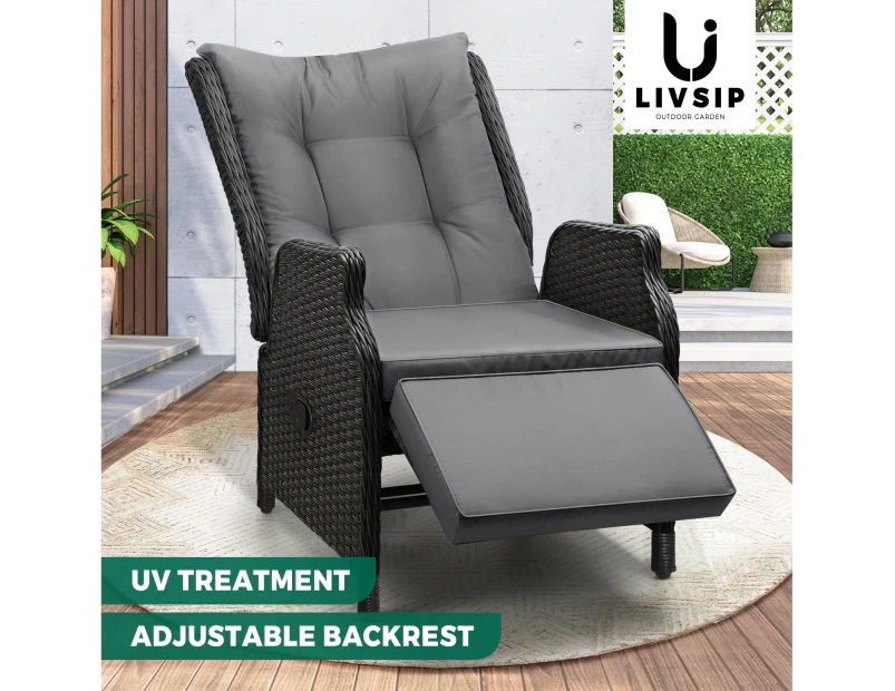 Livsip Rattan Recliner Sun Lounge Wicker Day Bed Outdoor Garden Beach Pool