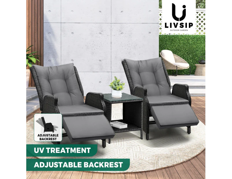 Livsip Rattan Recliner Chairs Sun Lounge & Table Wicker Day Bed Outdoor Furniture Set of 3