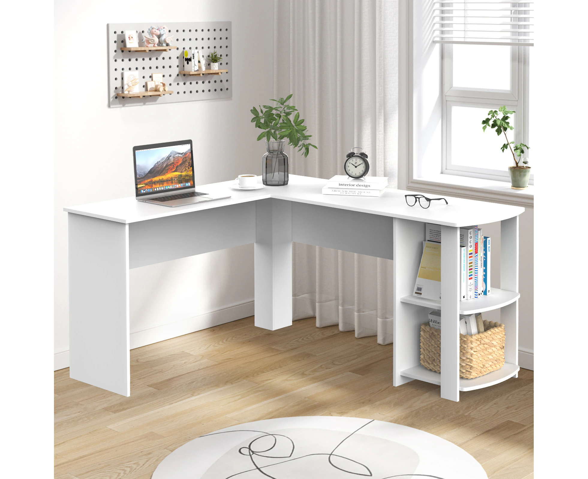 Advwin L-Shaped Computer Desk Corner Office Desk Study Table Workstation with Open Storage Shelf White