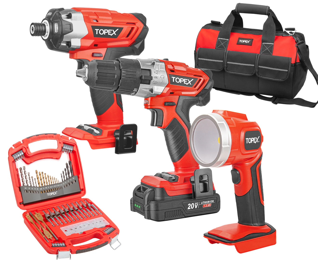 TOPEX 20V Cordless Hammer Drill Impact Driver Power Tool Combo Kit w/ Drill Bits & Tool Bag