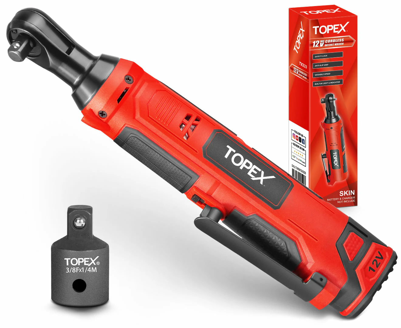 TOPEX 3/8" 12V Cordless Electric Ratchet Wrench 45NM/33.2ft-lbs 300RPM Variable Speed & LED Light