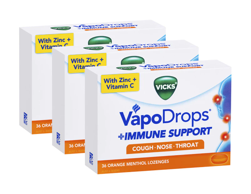 3 x Vicks VapoDrops + Immune Support Lozenges Orange 36pk