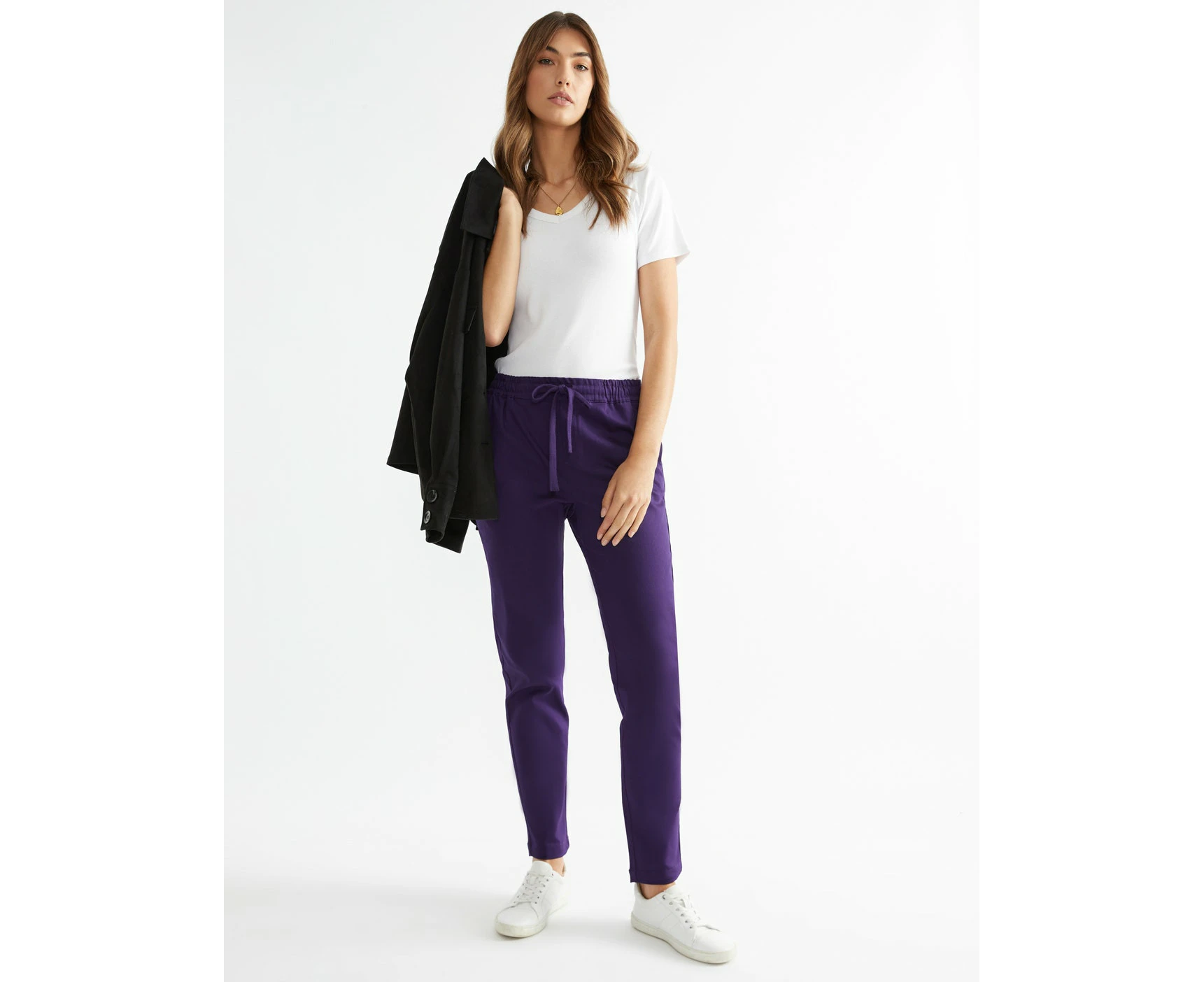 Katies - Womens - Pants / Trousers - Winter - Purple Cotton - Grape - Skinny / Slim Leg - Mid Rise - Stretch Elastane - Ankle Length - Work Clothes