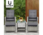 Livsip Outdoor Setting Recliner Chair Table 3 Piece Set Wicker lounge Patio Furniture Grey