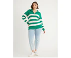 BeMe - Plus Size - Womens Jumper -  Stripe Zip Neck Jumper - Green