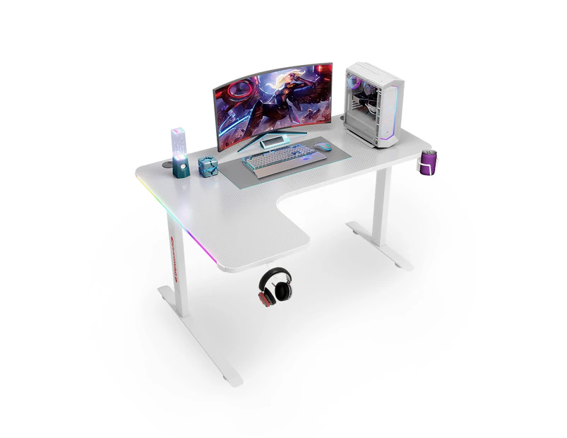 MIUZ 160cm White RGB LED Gaming Desk Computer Home Office Writing Desk Racer Table Carbon Fiber