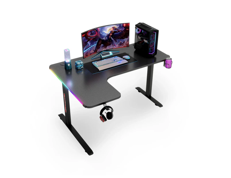 MIUZ 160cm Black RGB LED Gaming Desk Computer Home Office Writing Desk Racer Table Carbon Fiber