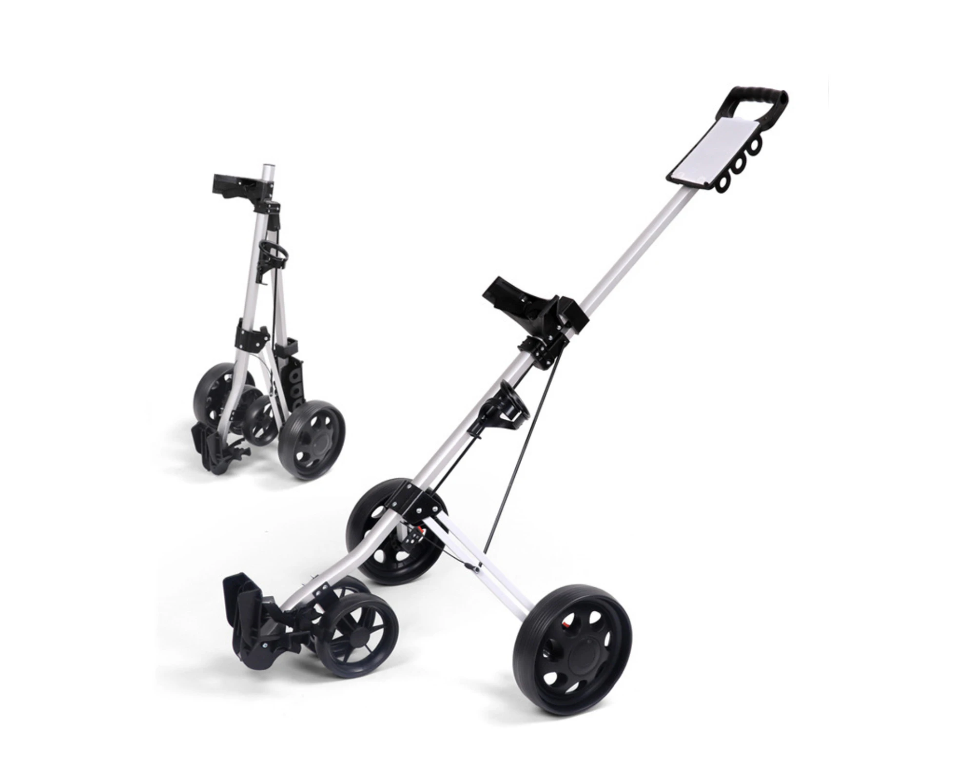 FitnessLab 4 Wheels Golf Trolley Buggy Foldable Golf Bag Cart with Footbrake. Golf Balls, Cup and Sc