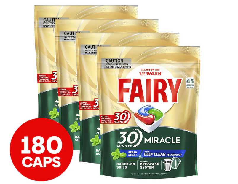 4 x 45pk Fairy 30 Minute Miracle Dishwasher Caps