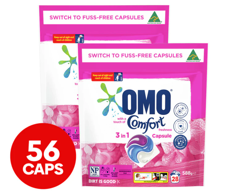 2 x 28pk OMO Touch of Comfort 3-in-1 Front & Top Loader Laundry Capsules 588g