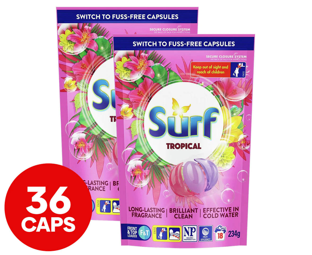 2 x 18pk Surf Front & Top Loader Laundry Capsules Tropical 234g