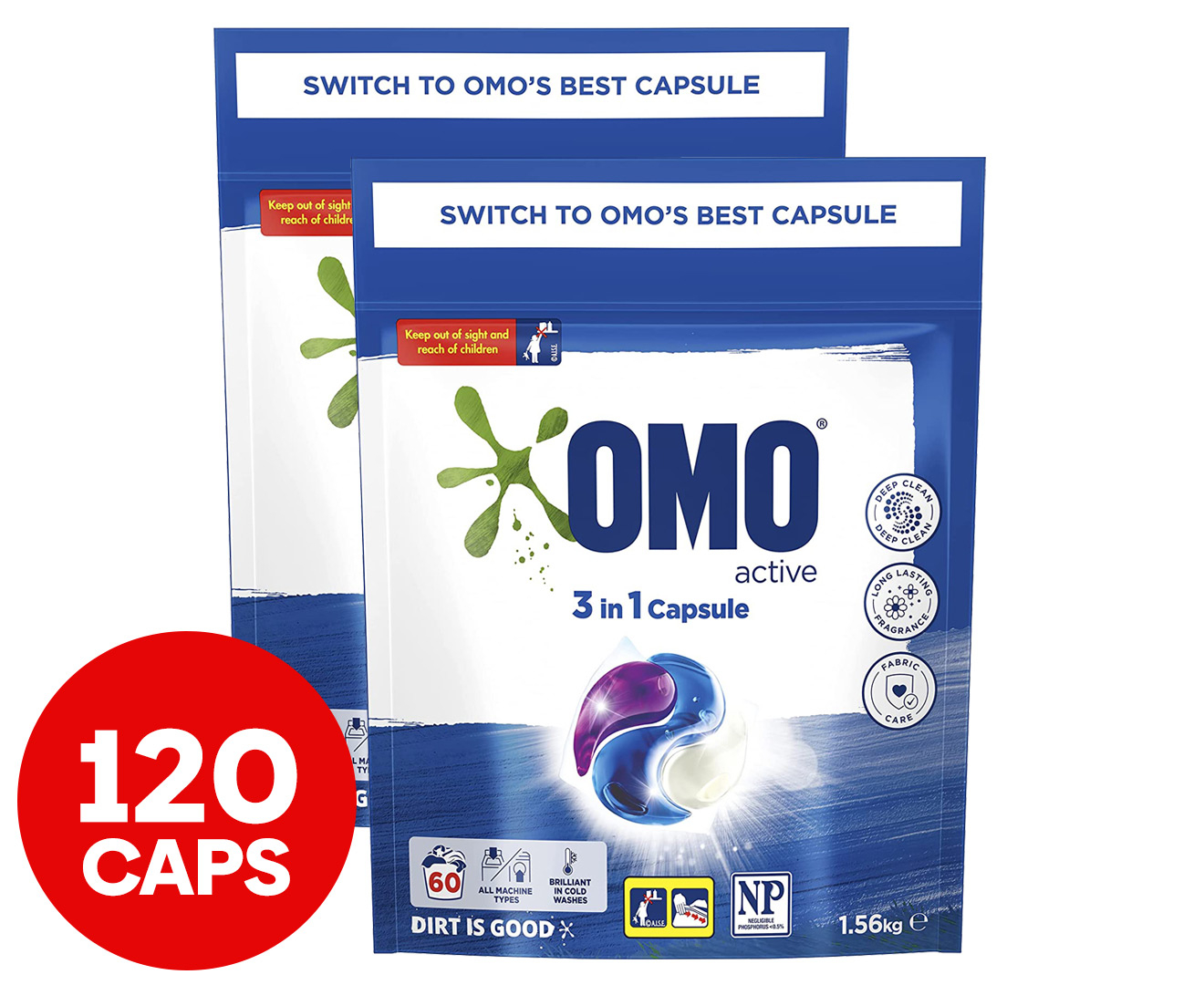 2 x 60pk OMO Active 3-in-1 Laundry Capsules | Catch.com.au