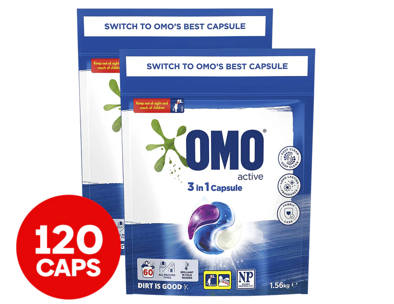 2 x 60pk OMO Active 3-in-1 Laundry Capsules