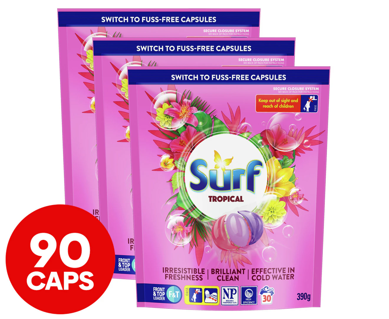 3 x 30pk Surf Tropical Laundry Capsules 390g