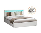 Oikiture Bed Frame Queen Size RGB LED Gas Lift Storage Base White