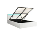 Oikiture Bed Frame Queen Size RGB LED Gas Lift Storage Base White