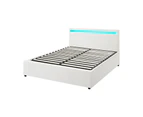 Oikiture Bed Frame Queen Size RGB LED Gas Lift Storage Base White