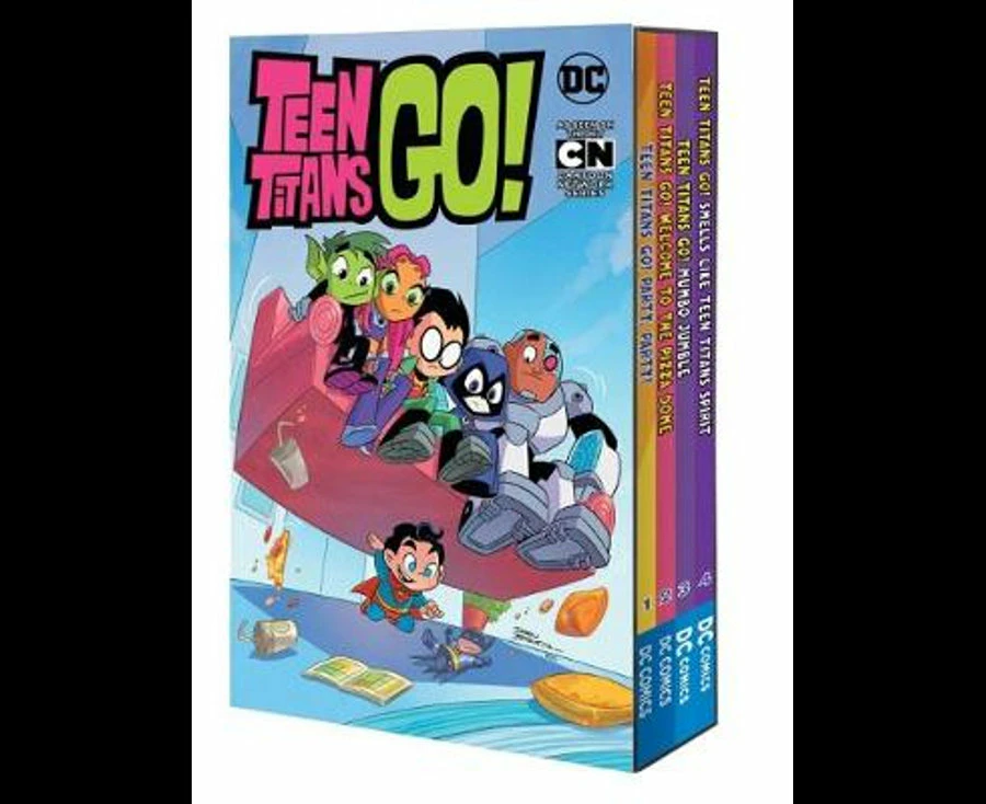 4pc DC Comics Teen Titans Go Paperback Book Set w/ Storage Box Kids/Child 7-10y