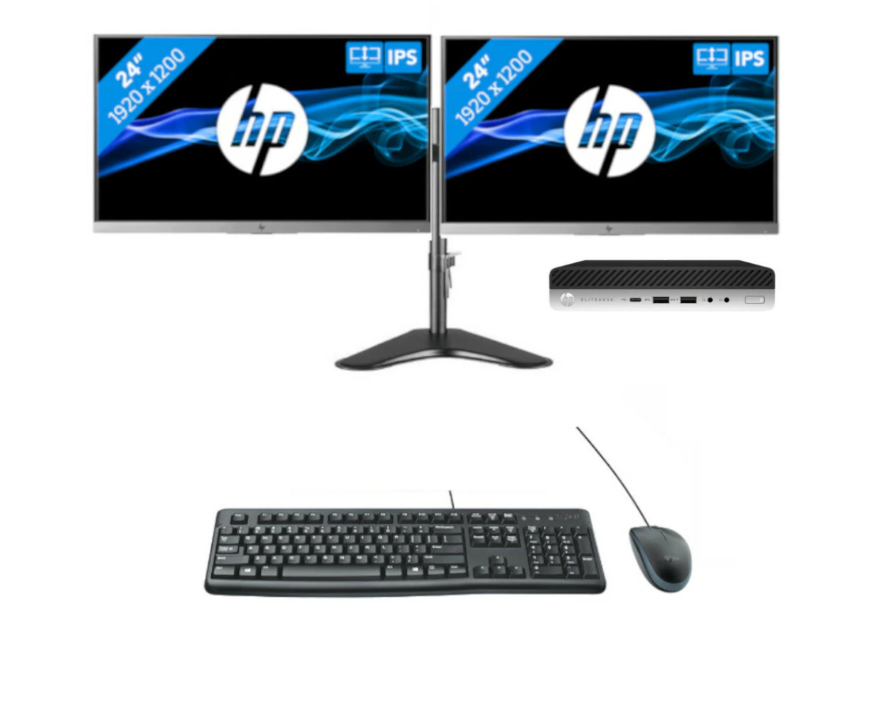 HP 800 G5 Bundle Mini Desktop i5-9500T Six-Core 1TB 16GB RAM Win11 + Dual 24" Monitor | Refurbished - Refurbished Grade A