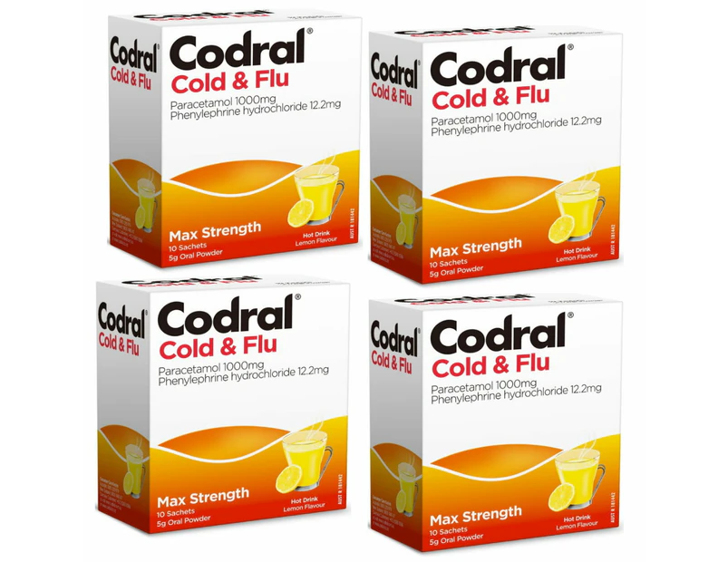 4x Codral Cold & Flu Hot Drink Lemon Flavour EXP 09/24 10 Sachets