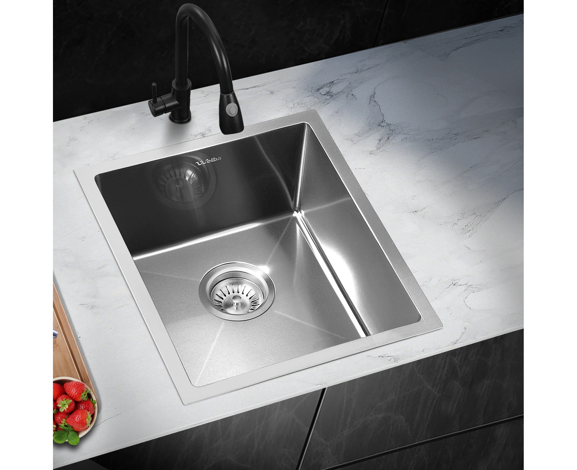 Welba Kitchen Sink 38X44CM Stainless Steel Single Bowl Basin With Waste Silver