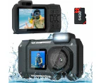 4K HD Underwater Camera 33FT Waterproof Camera 65MP Rugged Dustproof Shockproof, Autofocus Selfie Dual-Screen Underwater Camera with 64GB Card -Black