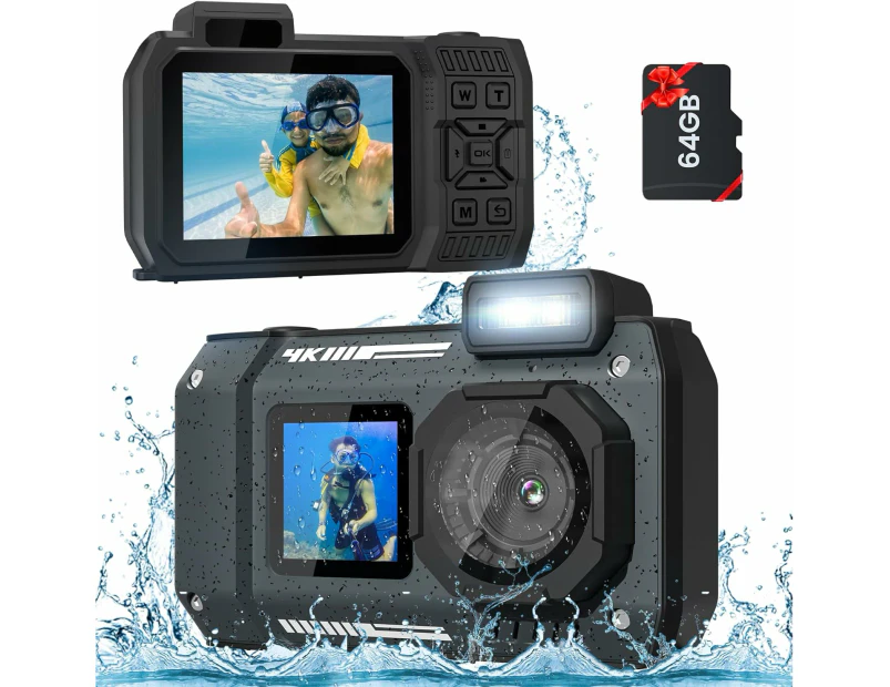 4K HD Underwater Camera 33FT Waterproof Camera 65MP Rugged Dustproof Shockproof, Autofocus Selfie Dual-Screen Underwater Camera with 64GB Card -Black